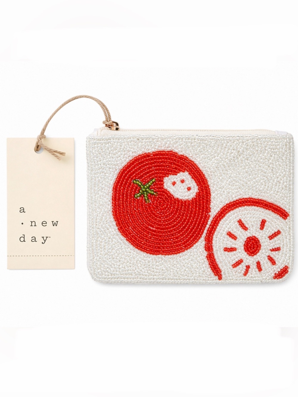 A New Day Beaded Tomato Print Coin/Card Pouch - White/Red